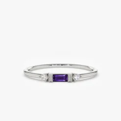 14K Gold Baguette Amethyst With Diamond Ring