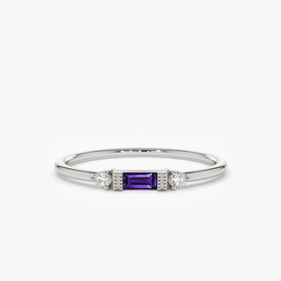 14K Gold Baguette Amethyst With Diamond Ring