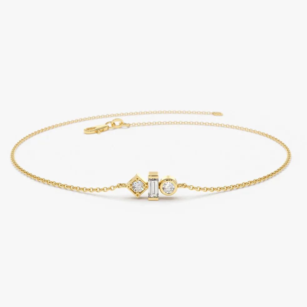 14K Gold Baguette and Round Diamond Mix Bracelet