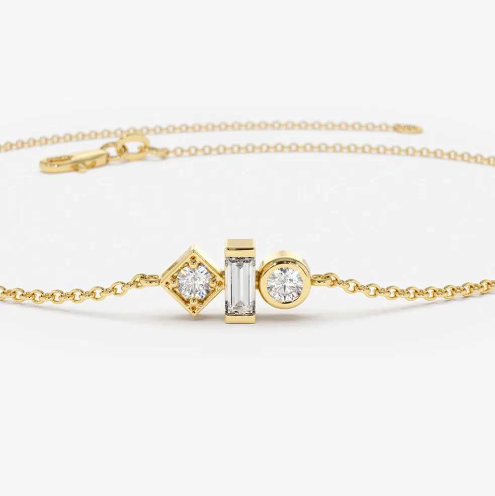 14K Gold Baguette and Round Diamond Mix Bracelet