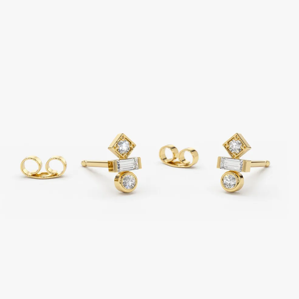 14K Gold Baguette and Round Cut Mix Diamond Earrings