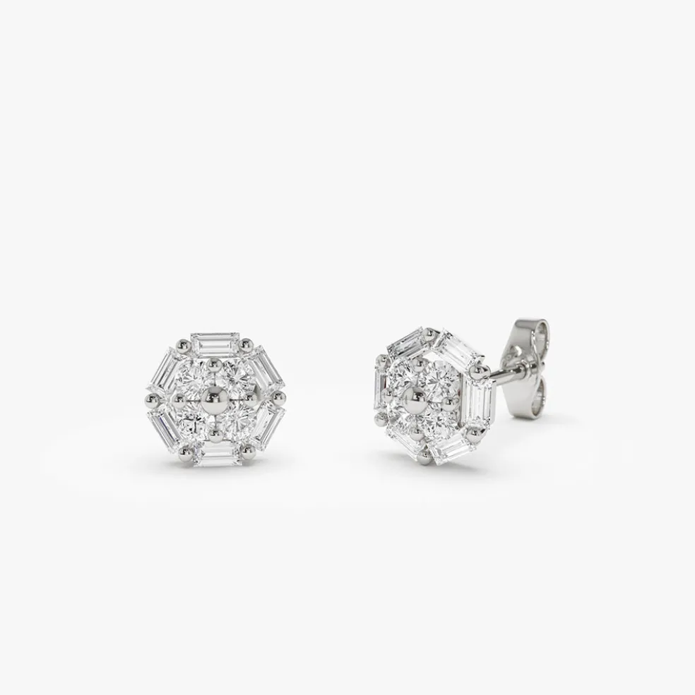 14k Gold Baguette and Round Diamond Cluster Studs