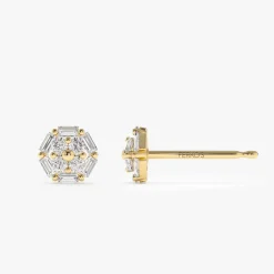 14k Gold Baguette and Round Diamond Cluster Studs
