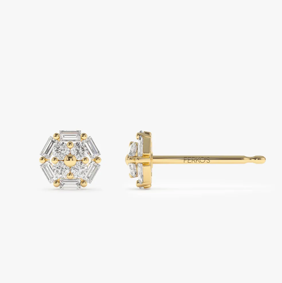 14k Gold Baguette and Round Diamond Cluster Studs