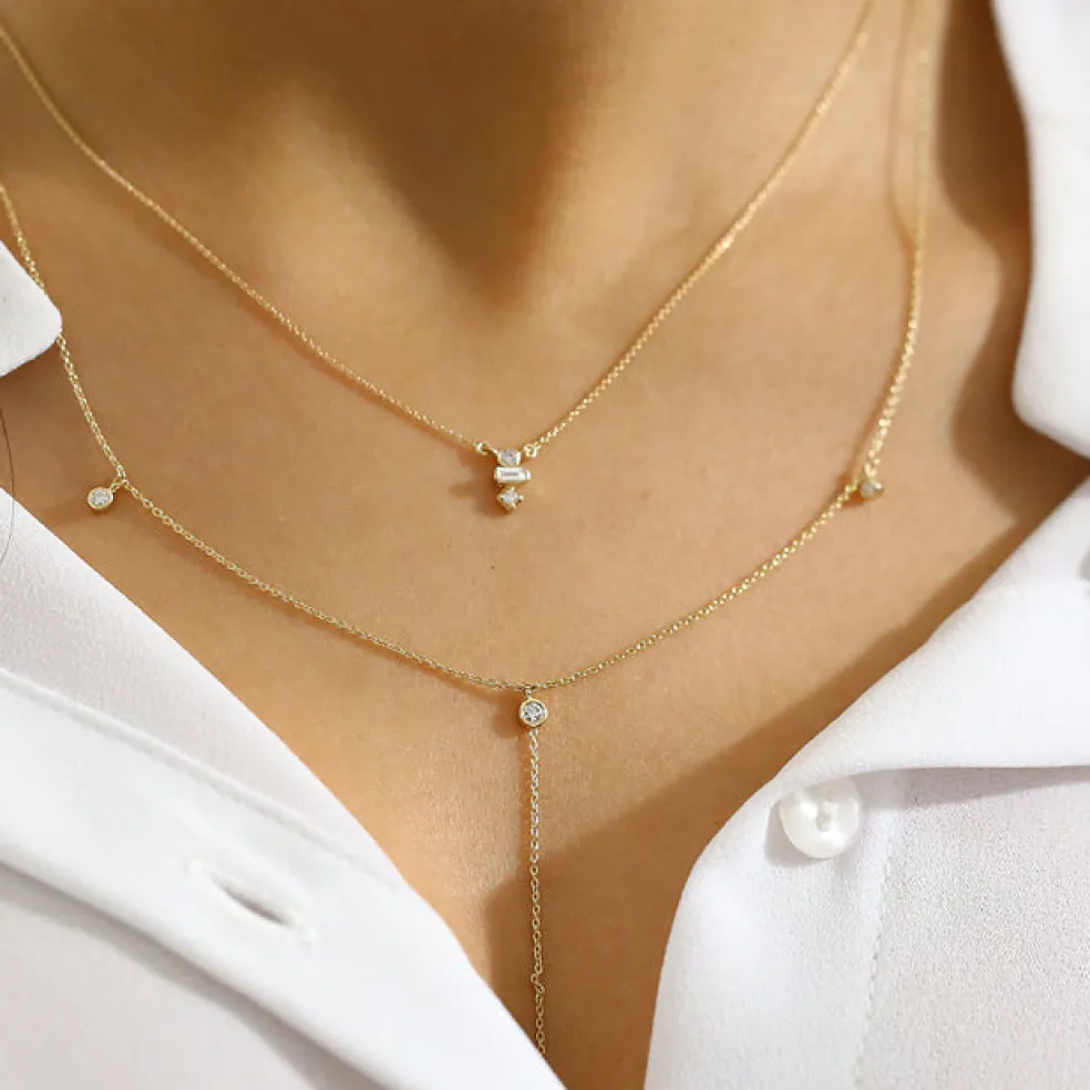 14K Gold Baguette and Round Cut Diamond Necklace
