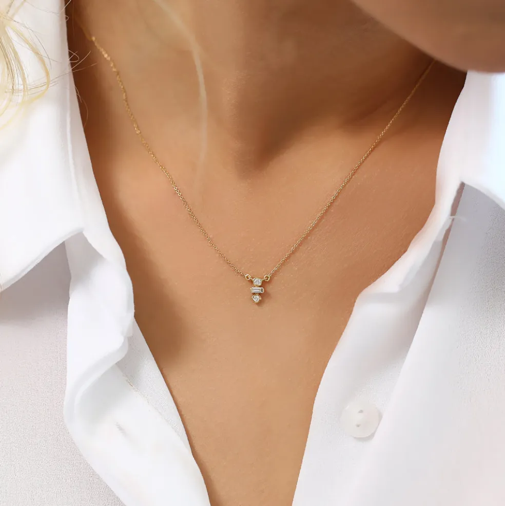 14K Gold Baguette and Round Cut Diamond Necklace