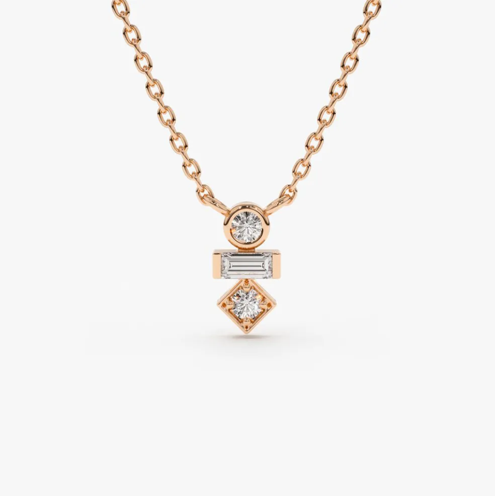 14K Gold Baguette and Round Cut Diamond Necklace