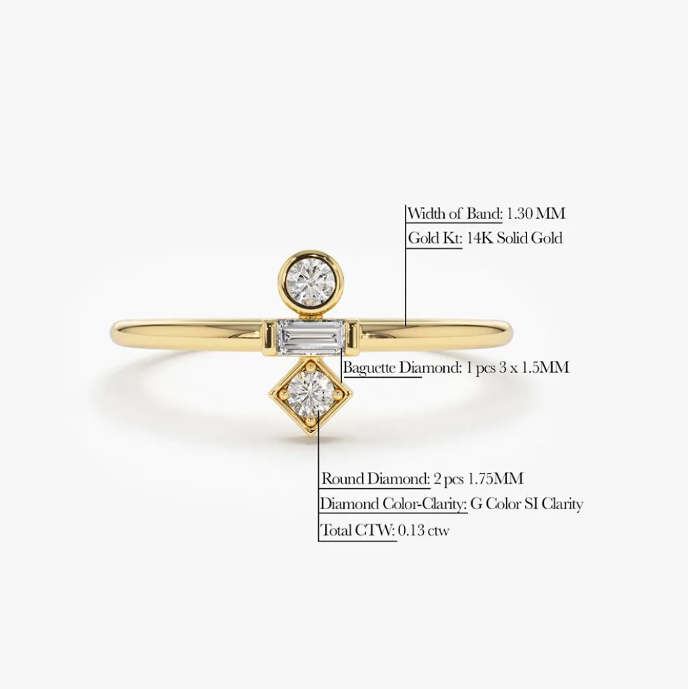 14K Gold Baguette and Round Cut Diamond Ring