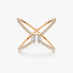 14k Gold Baguette and Round Diamond Illusion Setting Statement Ring