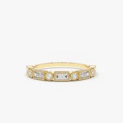 14K Gold Baguette and Round Diamond Ring