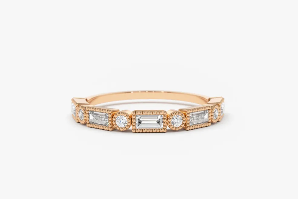 14K Gold Baguette and Round Diamond Ring