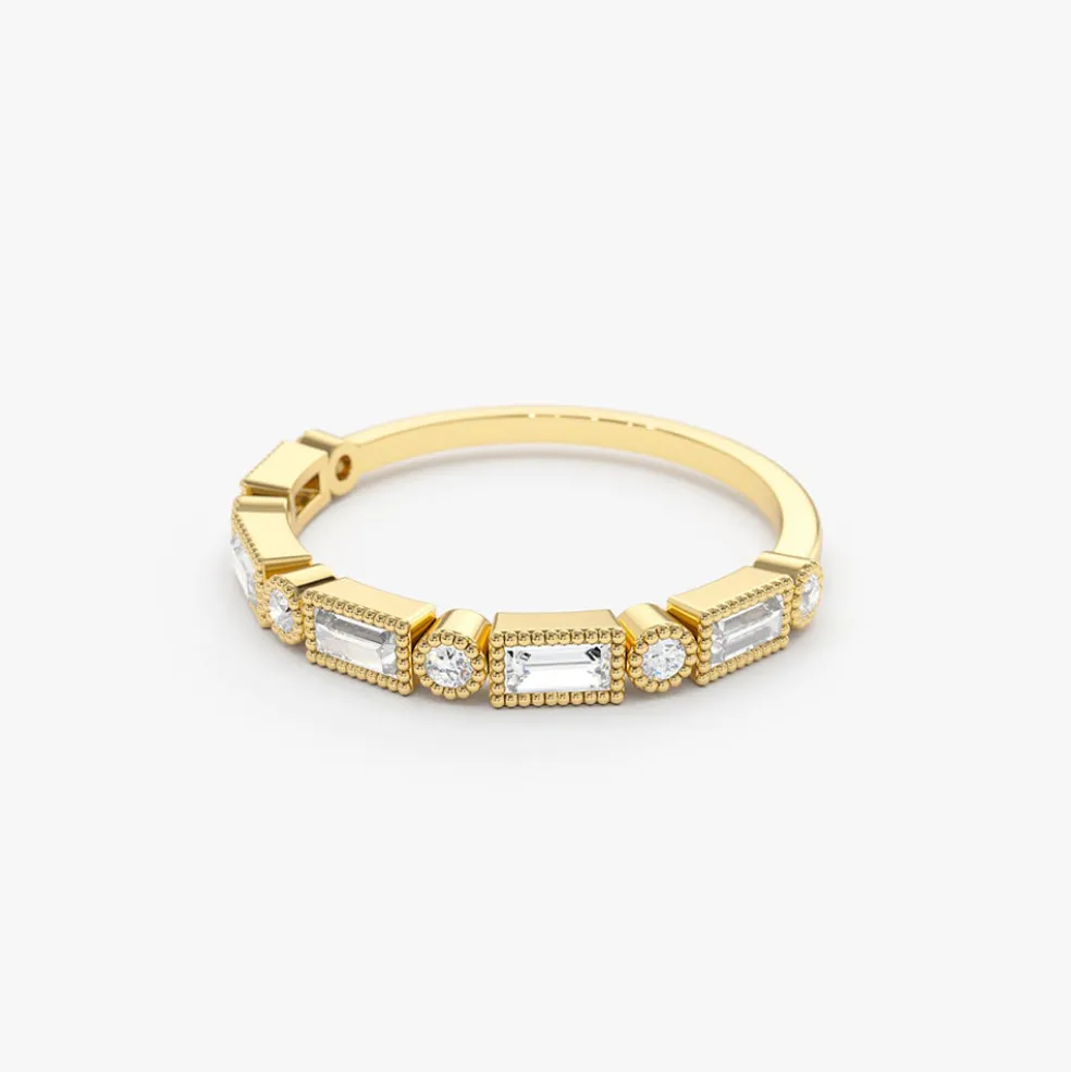 14K Gold Baguette and Round Diamond Ring