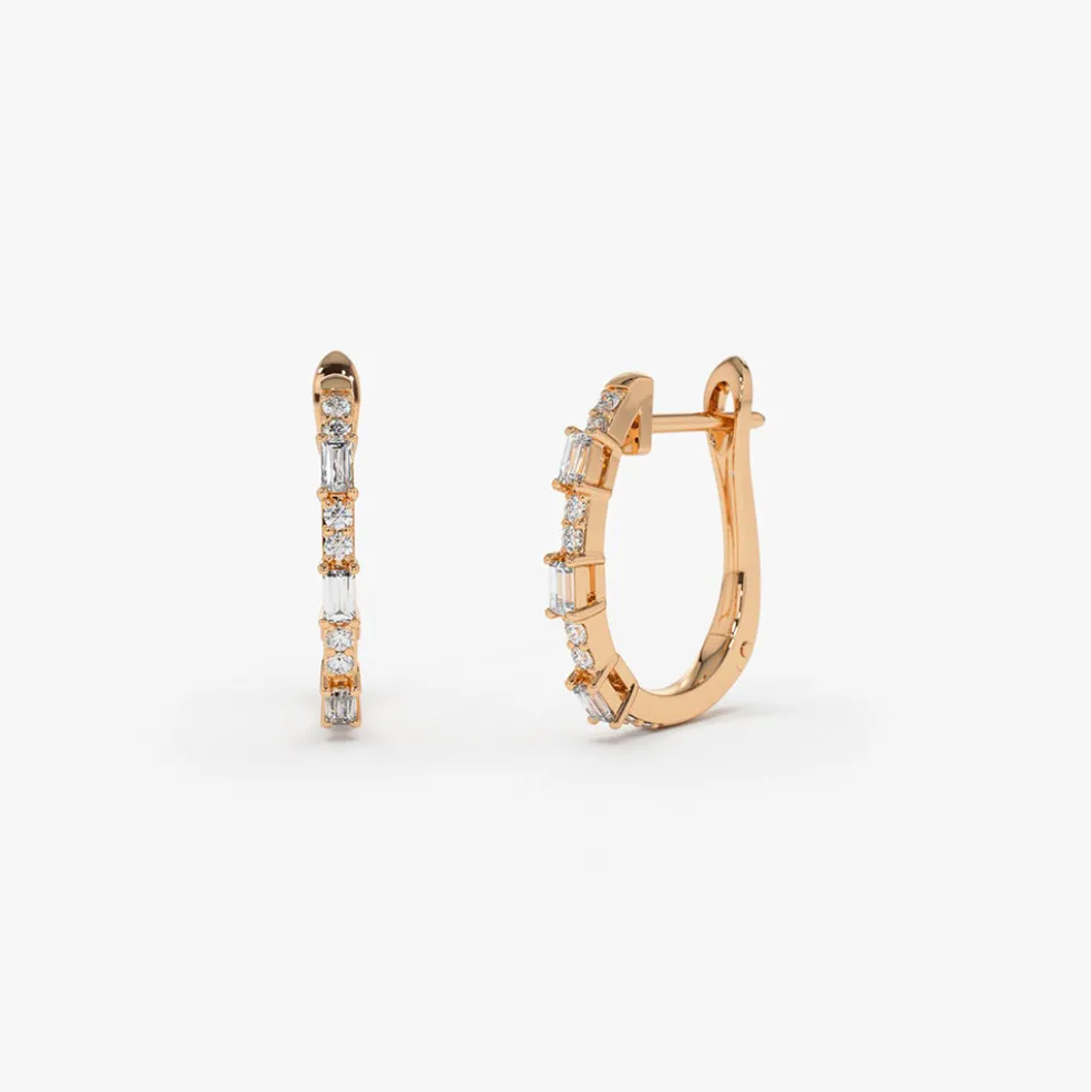 14K Gold Baguette And Round Diamond Earrings