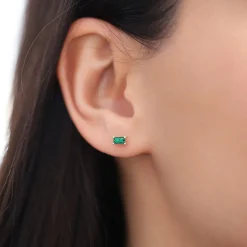 14K Gold Baguette Cut Emerald Studs