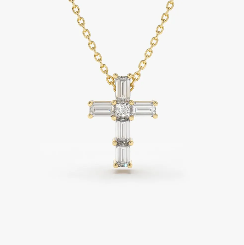 14K Gold Baguette Diamond Tiny Cross Necklace