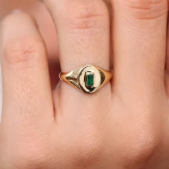 14k Gold Baguette Emerald Signet Ring