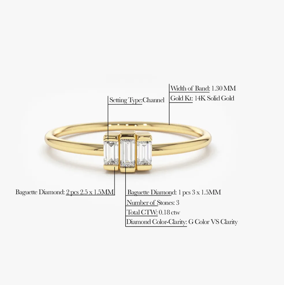 14K Gold Baguette Trio Diamond Ring
