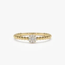 14K Gold Beaded Floral Diamond Ring