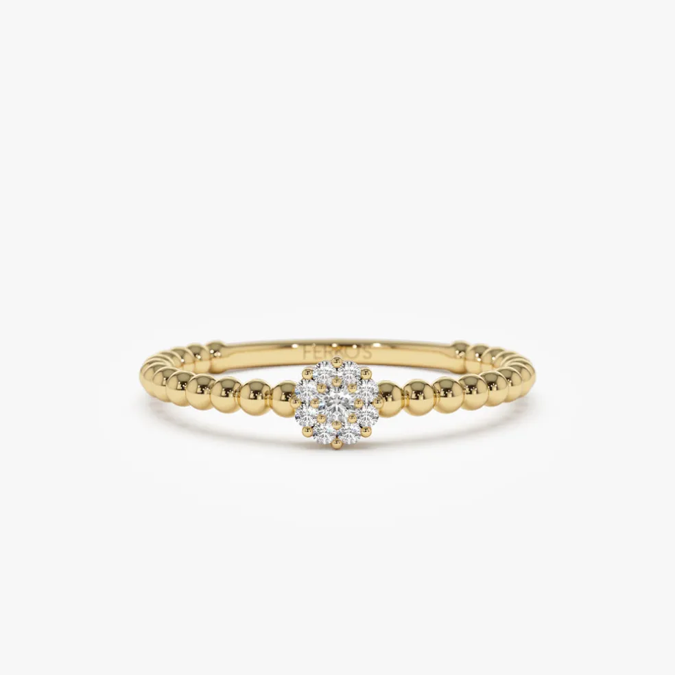 14K Gold Beaded Floral Diamond Ring
