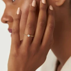 14K Gold Beaded Floral Diamond Ring