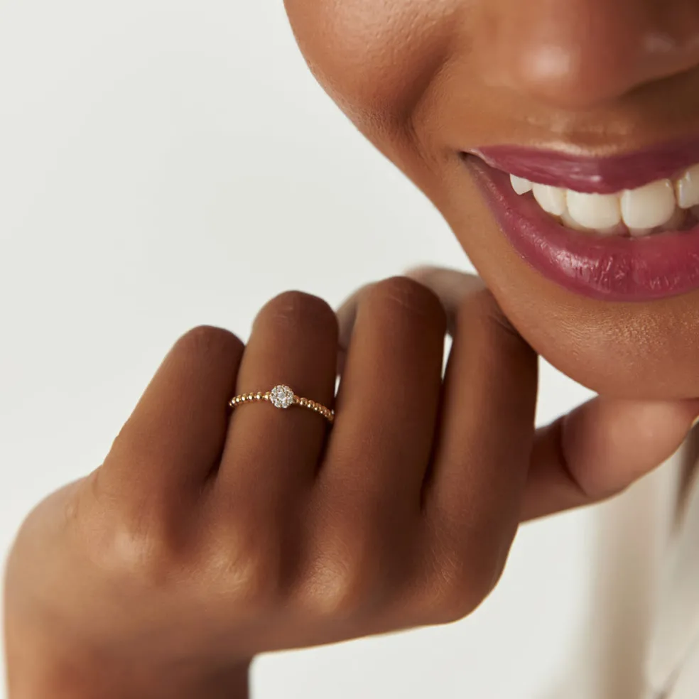 14K Gold Beaded Floral Diamond Ring