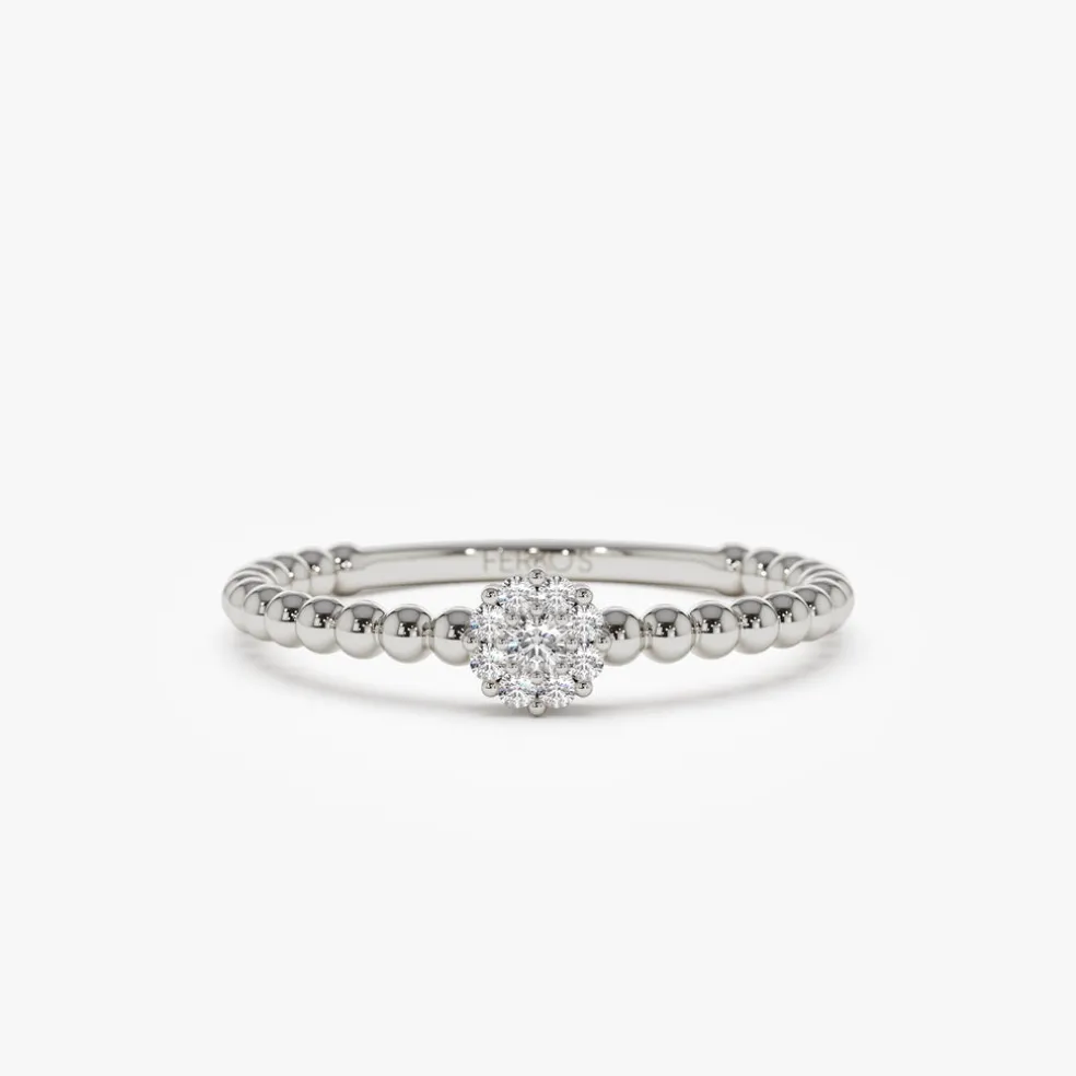 14K Gold Beaded Floral Diamond Ring
