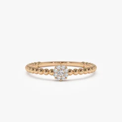 14K Gold Beaded Floral Diamond Ring