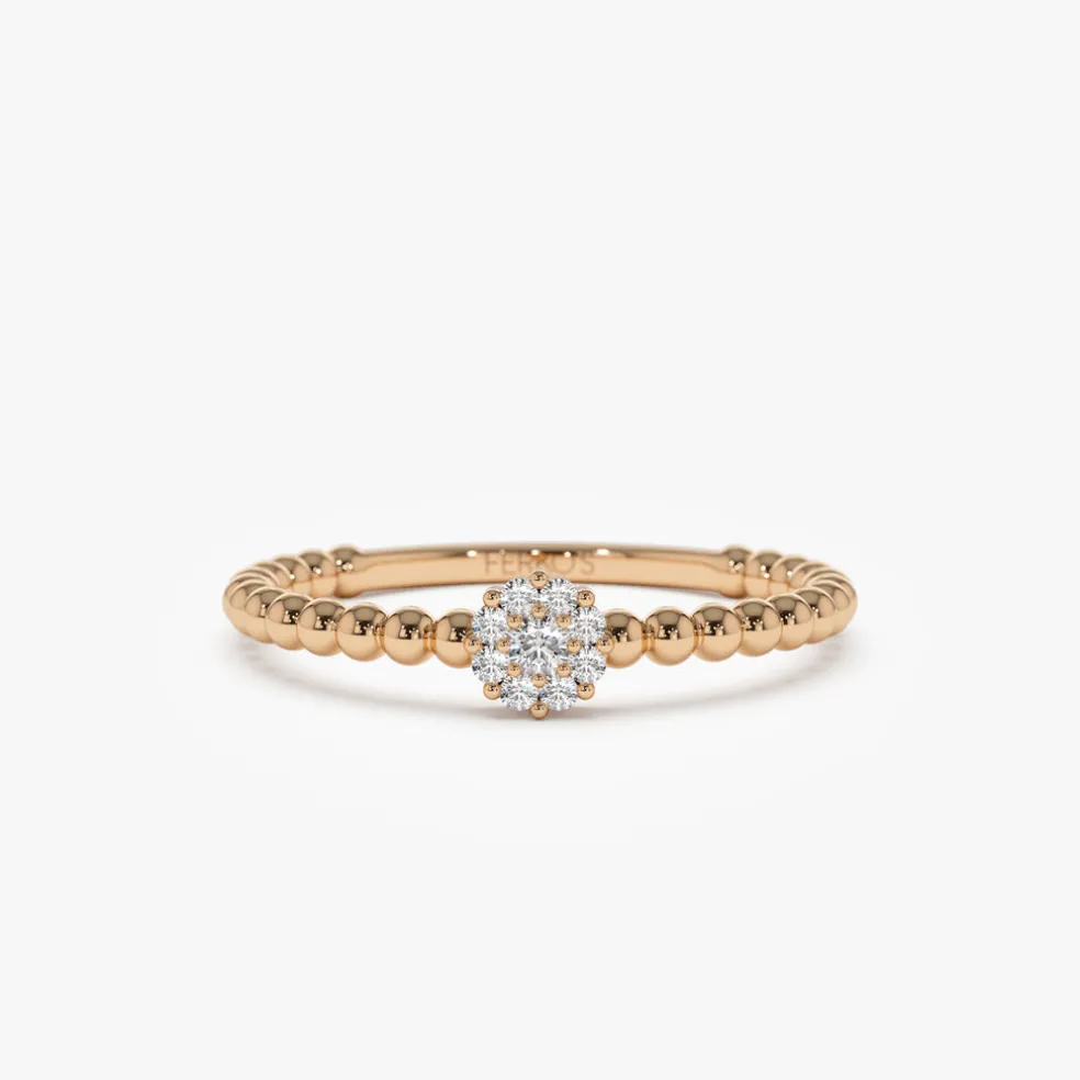 14K Gold Beaded Floral Diamond Ring
