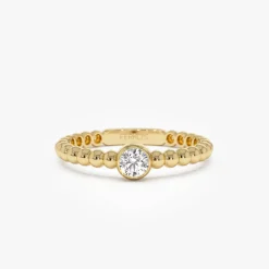 14K Gold Beaded Solitaire Diamond Bezel Ring