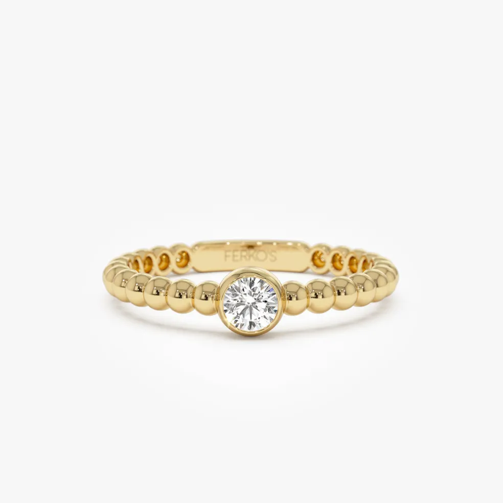 14K Gold Beaded Solitaire Diamond Bezel Ring