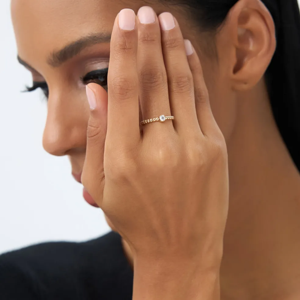 14K Gold Beaded Solitaire Diamond Bezel Ring