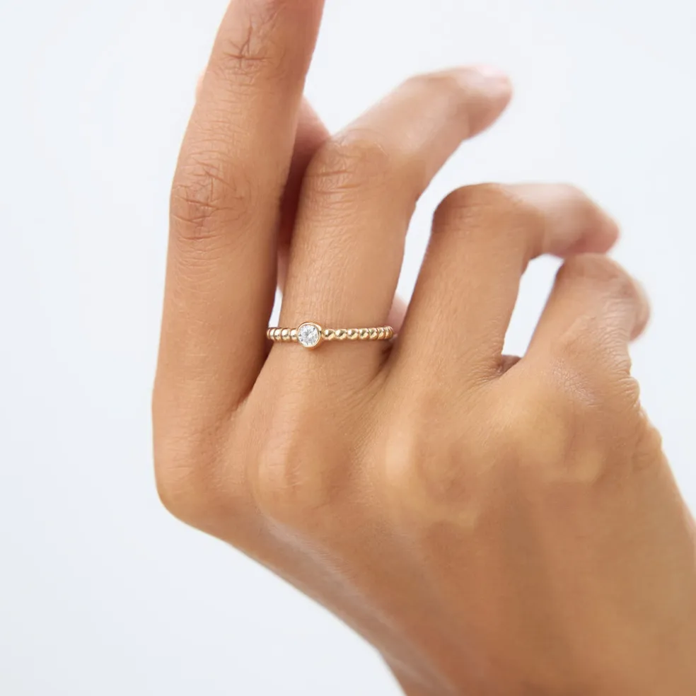 14K Gold Beaded Solitaire Diamond Bezel Ring