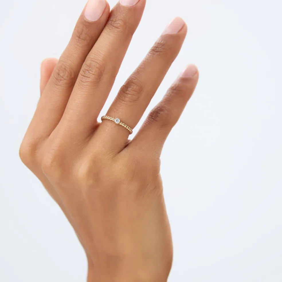 14K Gold Beaded Solitaire Diamond Bezel Ring