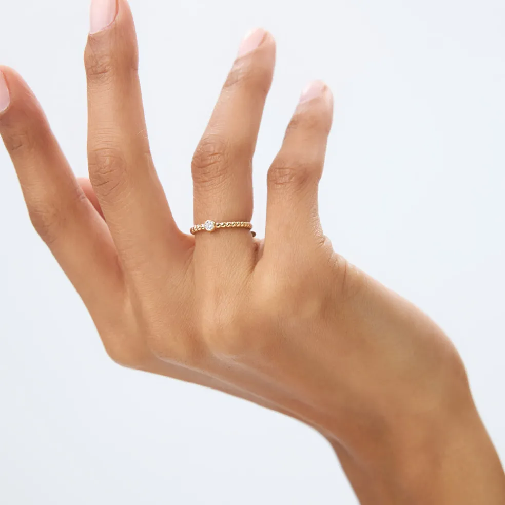14K Gold Beaded Solitaire Diamond Bezel Ring