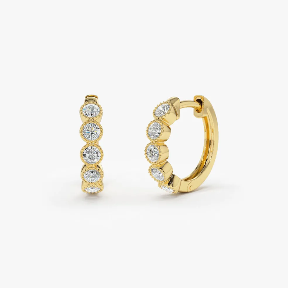 14K Gold Bezel Setting Diamond Huggie Earrings