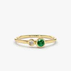 14K Gold Bezel Setting Emerald and Diamond Ring