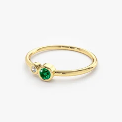 14K Gold Bezel Setting Emerald and Diamond Ring