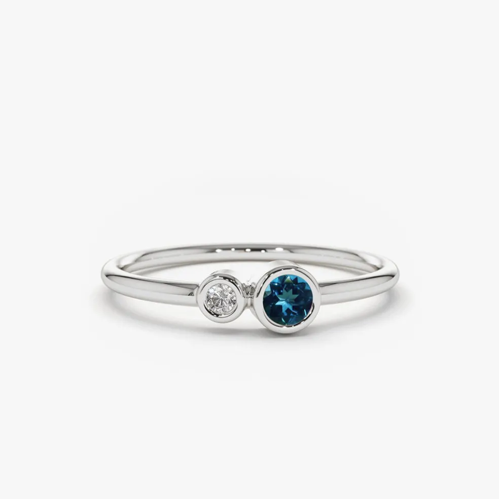 14K Gold Bezel Setting London Blue Topaz and Diamond Ring