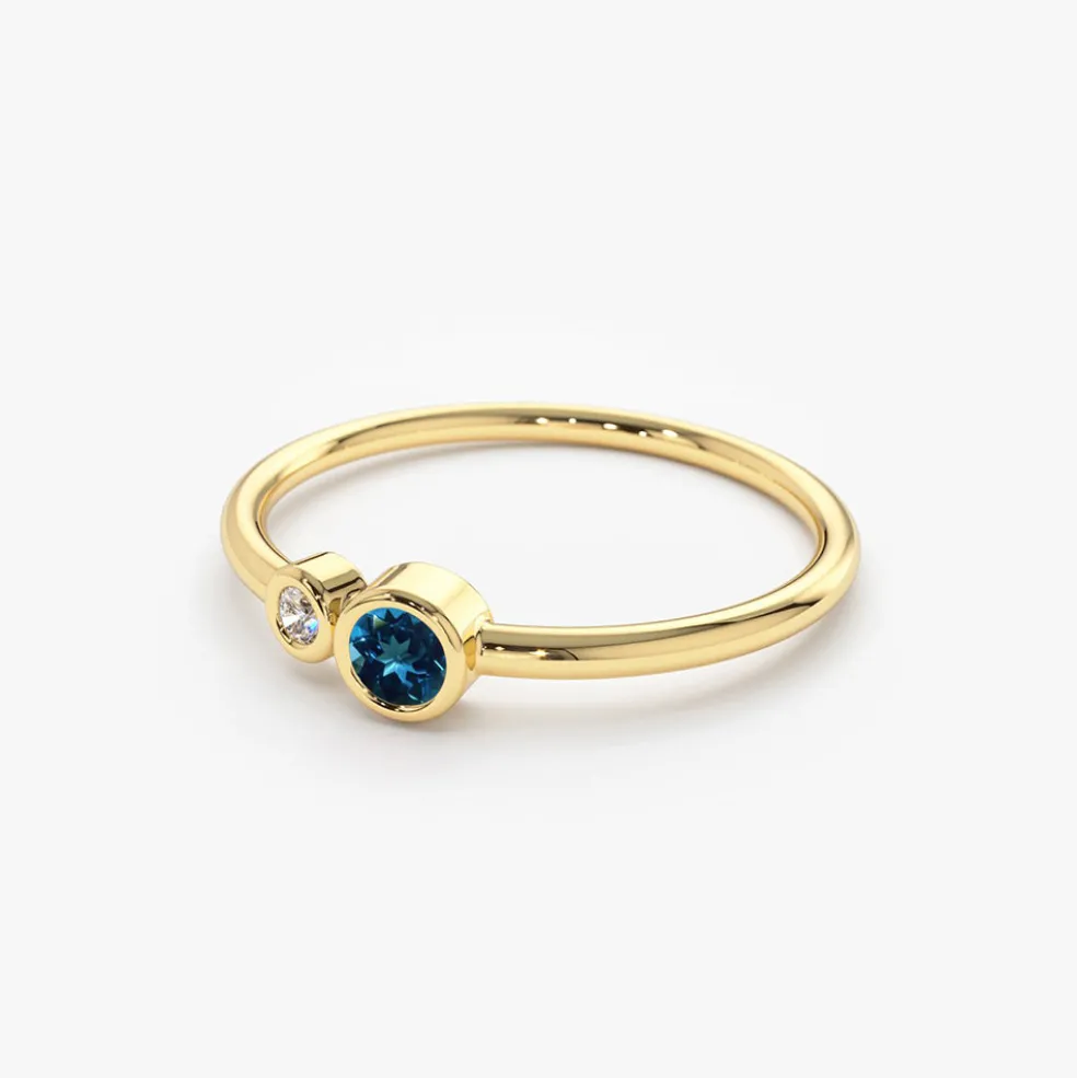 14K Gold Bezel Setting London Blue Topaz and Diamond Ring