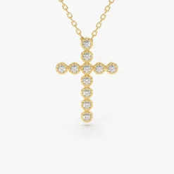 14K Gold Bezel Setting With Milgrain Diamond Cross Necklace