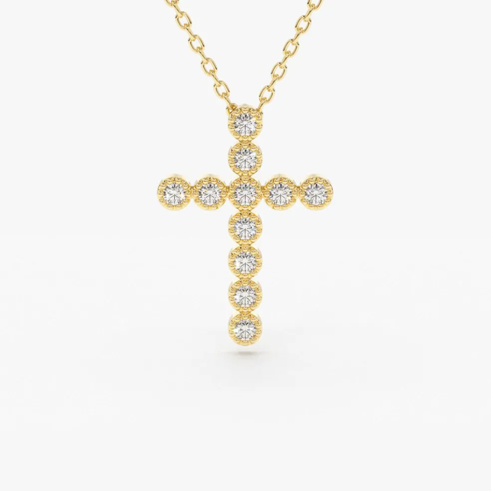 14K Gold Bezel Setting With Milgrain Diamond Cross Necklace