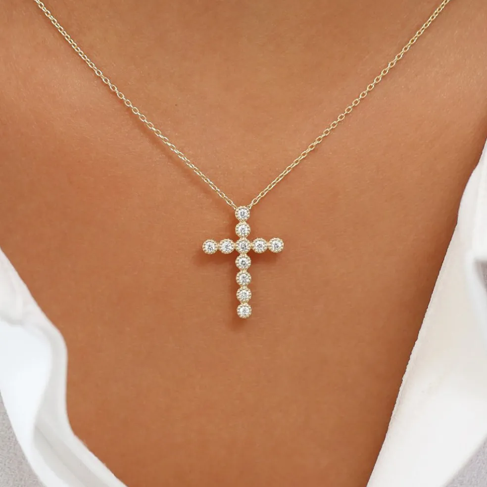 14K Gold Bezel Setting With Milgrain Diamond Cross Necklace