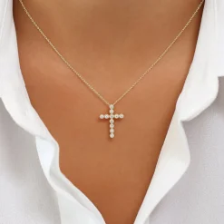 14K Gold Bezel Setting With Milgrain Diamond Cross Necklace