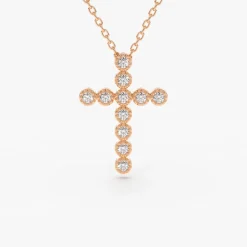 14K Gold Bezel Setting With Milgrain Diamond Cross Necklace