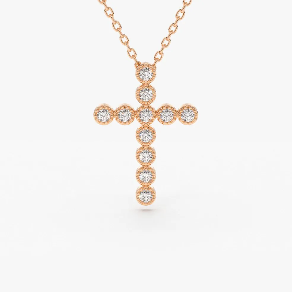 14K Gold Bezel Setting With Milgrain Diamond Cross Necklace