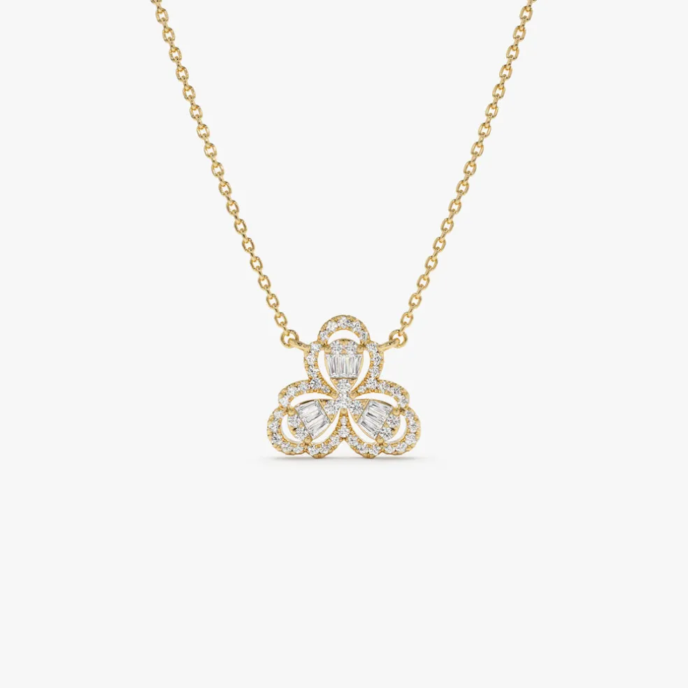 14K Gold Clover Baguette Diamond Necklace
