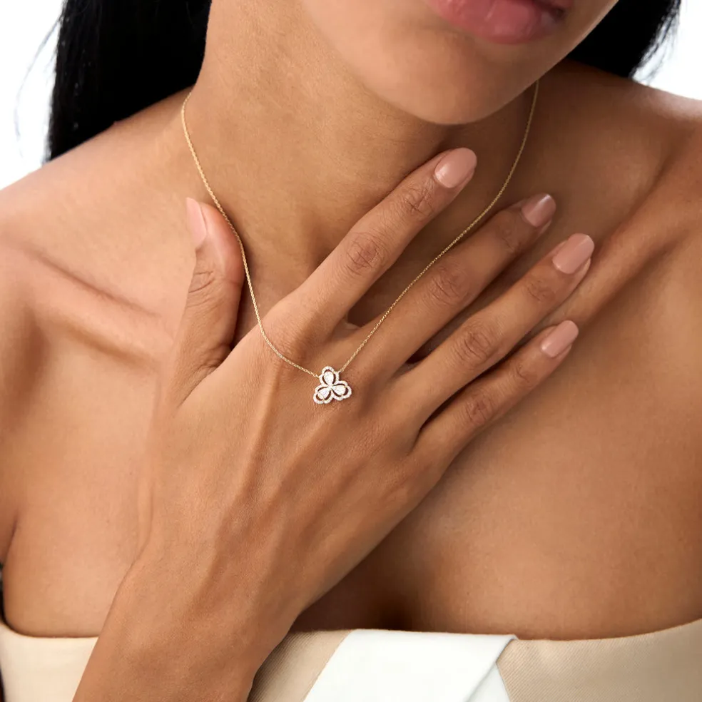 14K Gold Clover Baguette Diamond Necklace