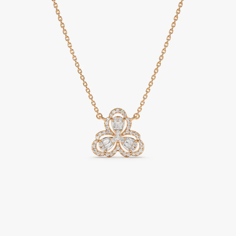14K Gold Clover Baguette Diamond Necklace