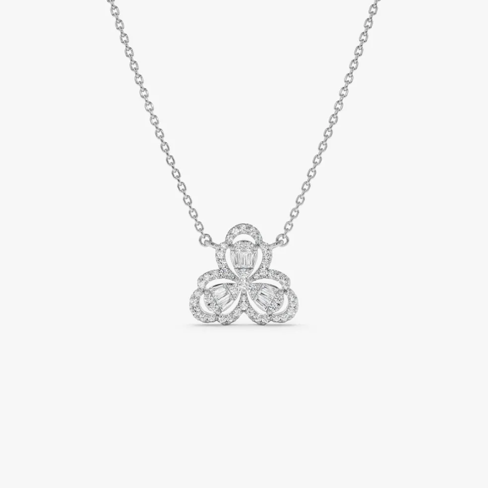 14K Gold Clover Baguette Diamond Necklace
