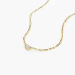 14k Gold Cuban Link Bezel Setting Emerald Cut Diamond Necklace